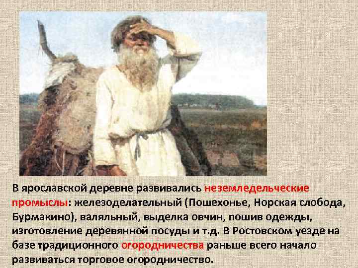 В ярославской деревне развивались неземледельческие промыслы: железоделательный (Пошехонье, Норская слобода, Бурмакино), валяльный, выделка овчин,