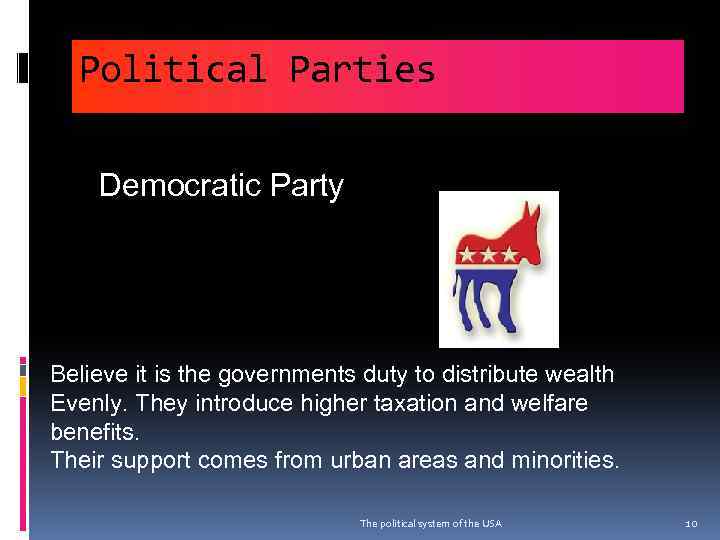 Political Parties Democratic Party Believe it is the governments duty to distribute wealth Evenly.