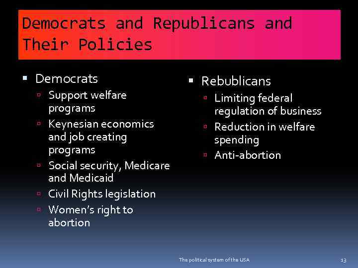 Democrats and Republicans and Their Policies Democrats Support welfare programs Keynesian economics and job