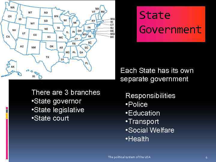 State Government Each State has its own separate government There are 3 branches •