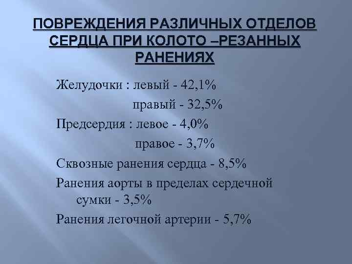 ПОВРЕЖДЕНИЯ РАЗЛИЧНЫХ ОТДЕЛОВ СЕРДЦА ПРИ КОЛОТО –РЕЗАННЫХ РАНЕНИЯХ Желудочки : левый - 42, 1%