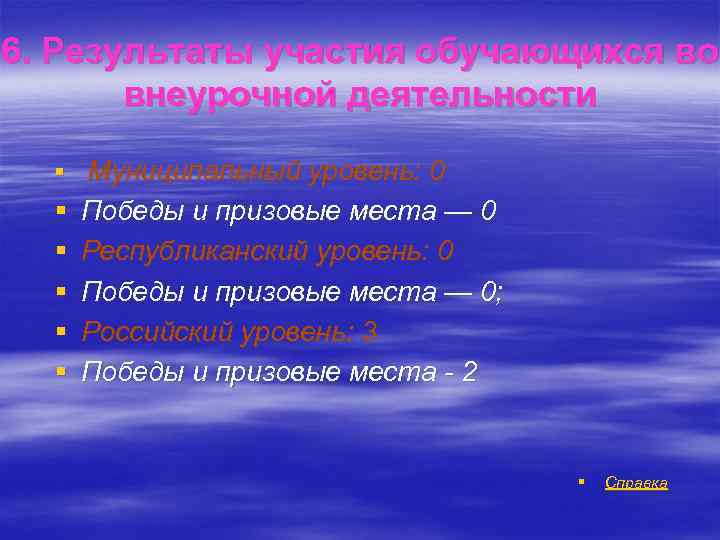 6. Результаты участия обучающихся во внеурочной деятельности § Муниципальный уровень: 0 § § §