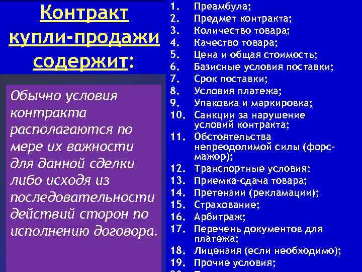 Контракт купли-продажи содержит: Обычно условия контракта располагаются по мере их важности для данной сделки
