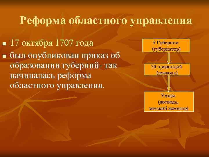 Реформа областного управления n n 17 октября 1707 года был опубликован приказ об образовании