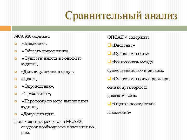 Сравнительный анализ МСА 320 содержит: q «Введение» , q «Область применения» , q «Существенность