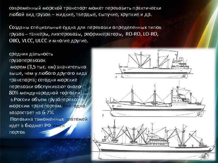 современный морской транспорт может перевозить практически любой вид грузов – жидкие, твердые, сыпучие, хрупкие