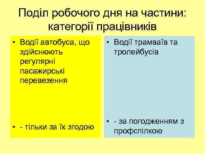 Поділ робочого дня на частини: категорії працівників • Водії автобуса, що здійснюють регулярні пасажирські