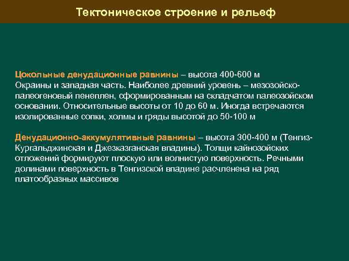 Тектоническое строение и рельеф Цокольные денудационные равнины – высота 400 -600 м Окраины и