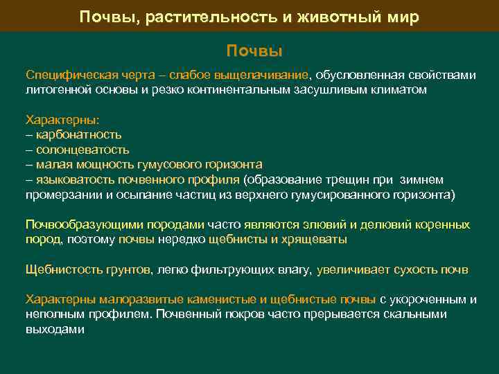 Почвы, растительность и животный мир Почвы Специфическая черта – слабое выщелачивание, обусловленная свойствами литогенной