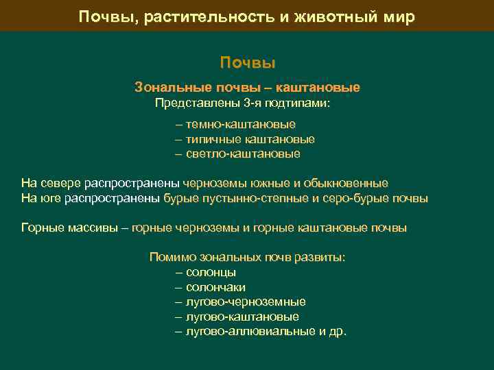 Почвы, растительность и животный мир Почвы Зональные почвы – каштановые Представлены 3 -я подтипами: