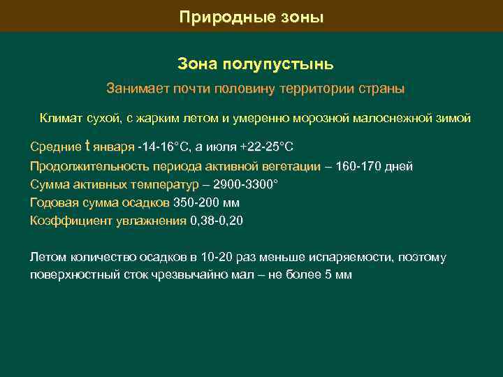 Природные зоны Зона полупустынь Занимает почти половину территории страны Климат сухой, с жарким летом