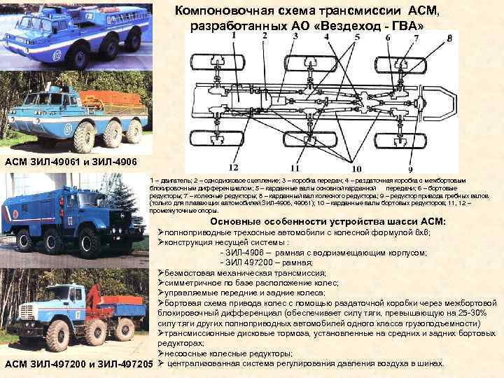 Компоновочная схема трансмиссии АСМ, разработанных АО «Вездеход - ГВА» АСМ ЗИЛ-49061 и ЗИЛ-4906 1