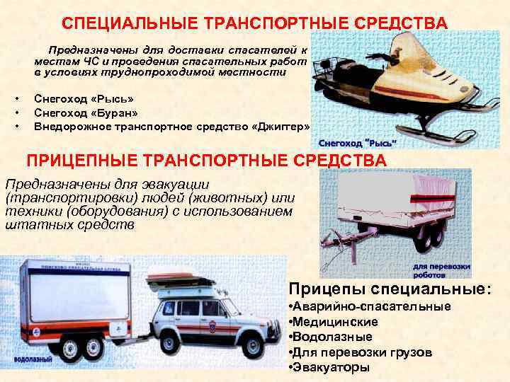 СПЕЦИАЛЬНЫЕ ТРАНСПОРТНЫЕ СРЕДСТВА Предназначены для доставки спасателей к местам ЧС и проведения спасательных работ