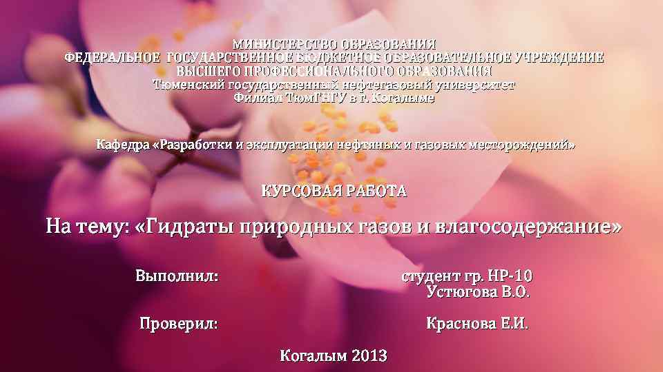 МИНИСТЕРСТВО ОБРАЗОВАНИЯ ФЕДЕРАЛЬНОЕ ГОСУДАРСТВЕННОЕ БЮДЖЕТНОЕ ОБРАЗОВАТЕЛЬНОЕ УЧРЕЖДЕНИЕ ВЫСШЕГО ПРОФЕССИОНАЛЬНОГО ОБРАЗОВАНИЯ Тюменский государственный нефтегазовый университет