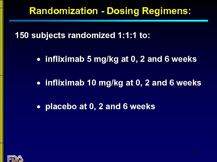 Randomization - Dosing Regimens: 150 subjects randomized 1: 1: 1 to: · infliximab 5