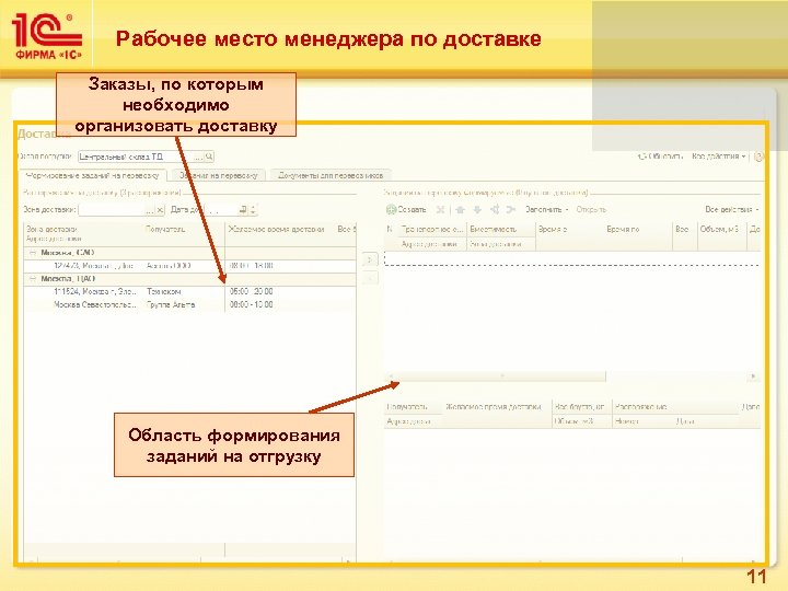 Рабочее место менеджера по доставке Заказы, по которым необходимо организовать доставку Область формирования заданий