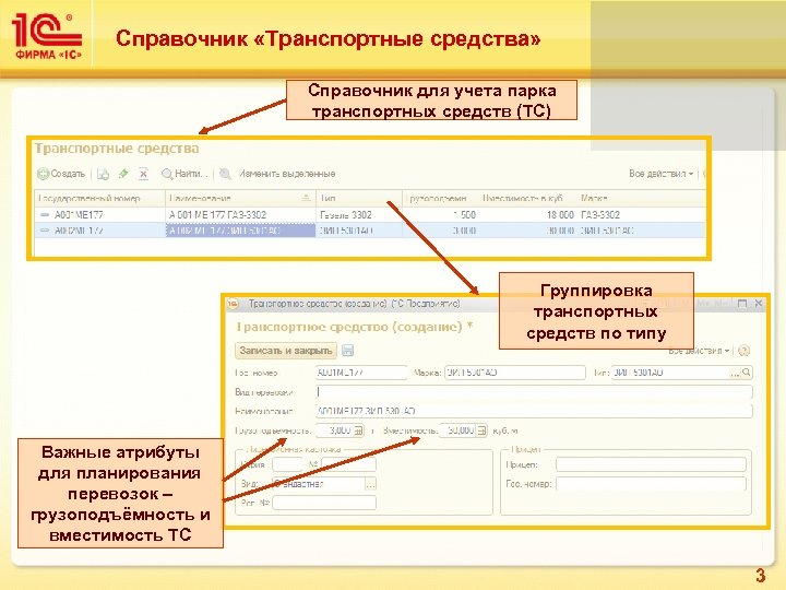 Справочник «Транспортные средства» Справочник для учета парка транспортных средств (ТС) Группировка транспортных средств по