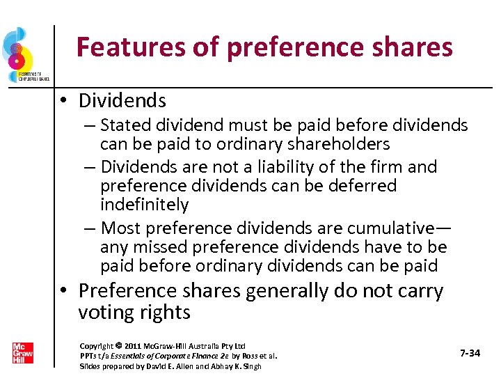 Features of preference shares • Dividends – Stated dividend must be paid before dividends