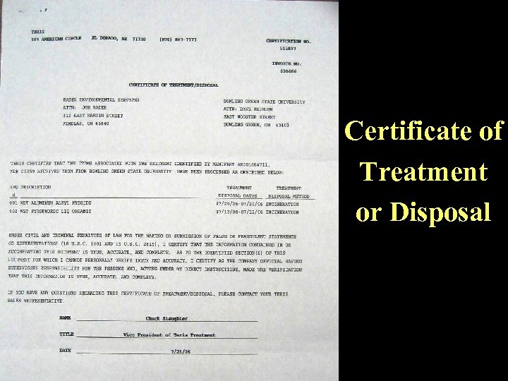 Certificate of Treatment or Disposal 