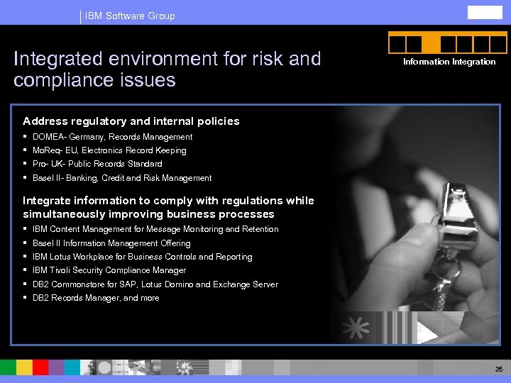 IBM Software Group Integrated environment for risk and compliance issues Information Integration Address regulatory
