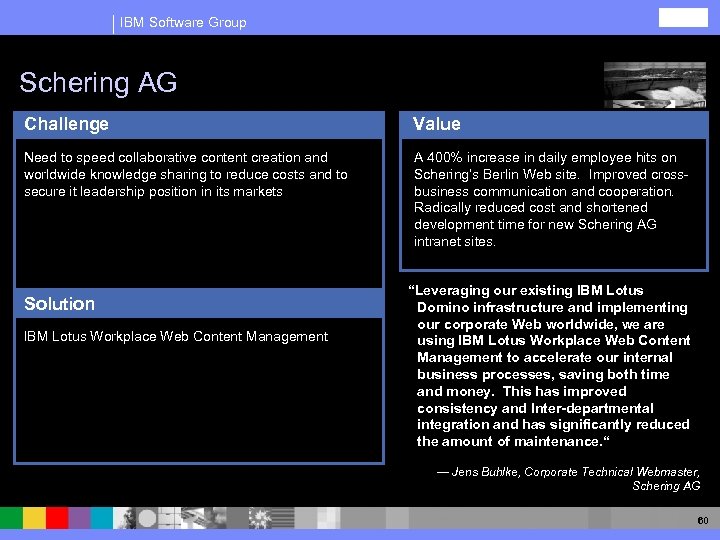 IBM Software Group Schering AG Challenge Value Need to speed collaborative content creation and