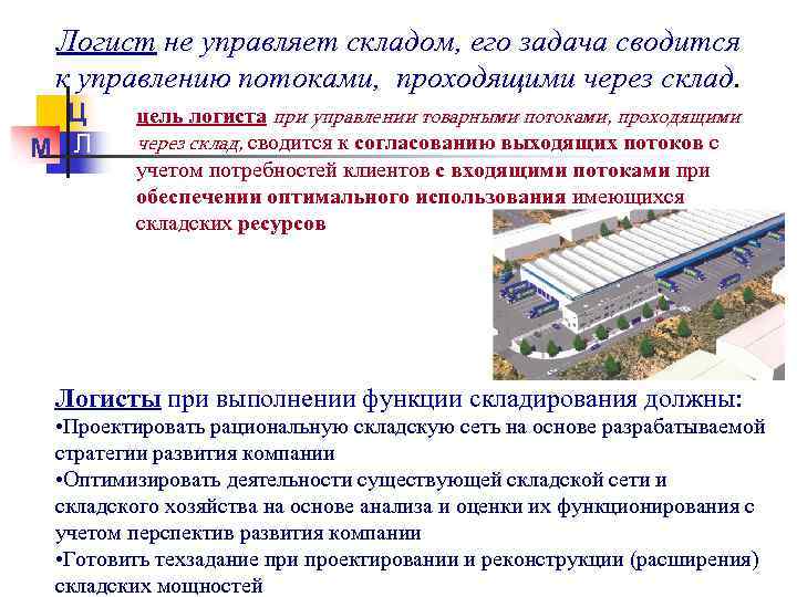 Логист не управляет складом, его задача сводится к управлению потоками, проходящими через склад. Ц