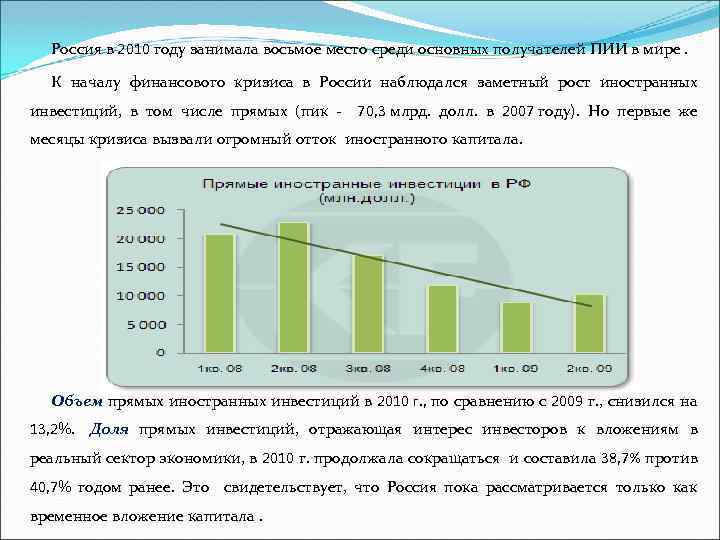 Россия в 2010 году занимала восьмое место среди основных получателей ПИИ в мире. К
