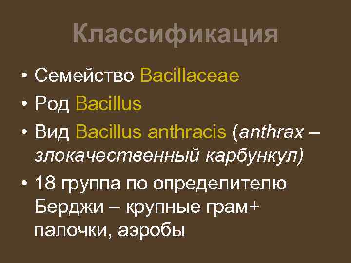 Классификация • Семейство Bacillaceae • Род Bacillus • Вид Bacillus аnthracis (аnthrax – злокачественный