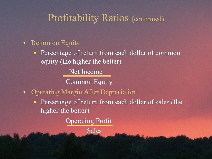 Profitability Ratios (continued) • Return on Equity • Percentage of return from each dollar