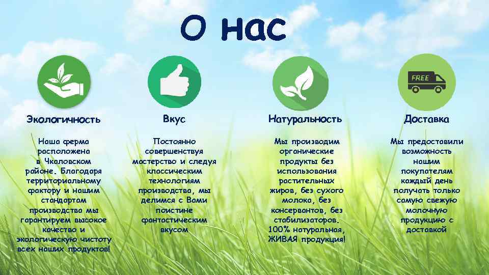О нас Экологичность Вкус Натуральность Доставка Наша ферма расположена в Чкаловском районе. Благодаря территориальному