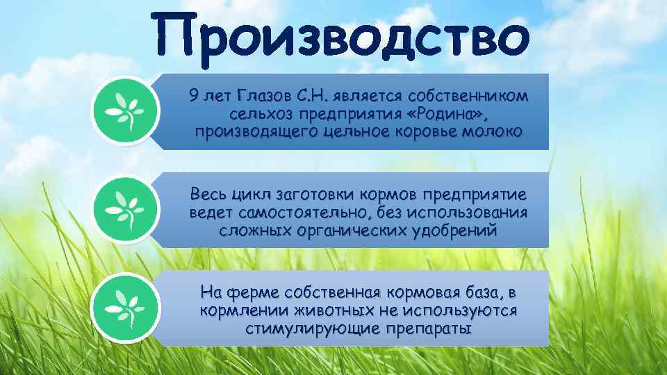 Производство 9 лет Глазов С. Н. является собственником сельхоз предприятия «Родина» , производящего цельное