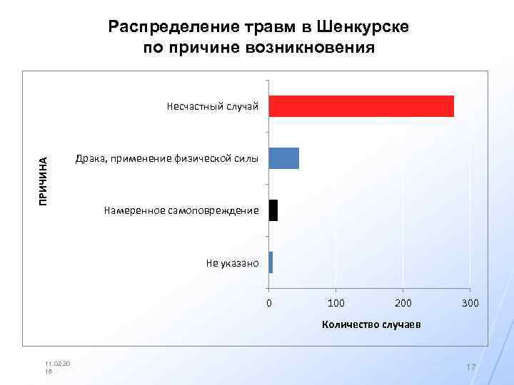 Распределение травм в Шенкурске по причине возникновения ПРИЧИНА Несчастный случай Драка, применение физической силы