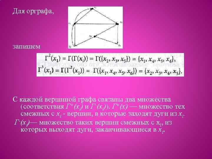 Для орграфа, запишем С каждой вершиной графа связаны два множества (соответствия Г+(хi) и Г-(хi)).