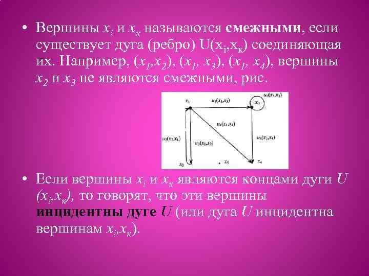  • Вершины xi и хк называются смежными, если существует дуга (ребро) U(хi, хк)