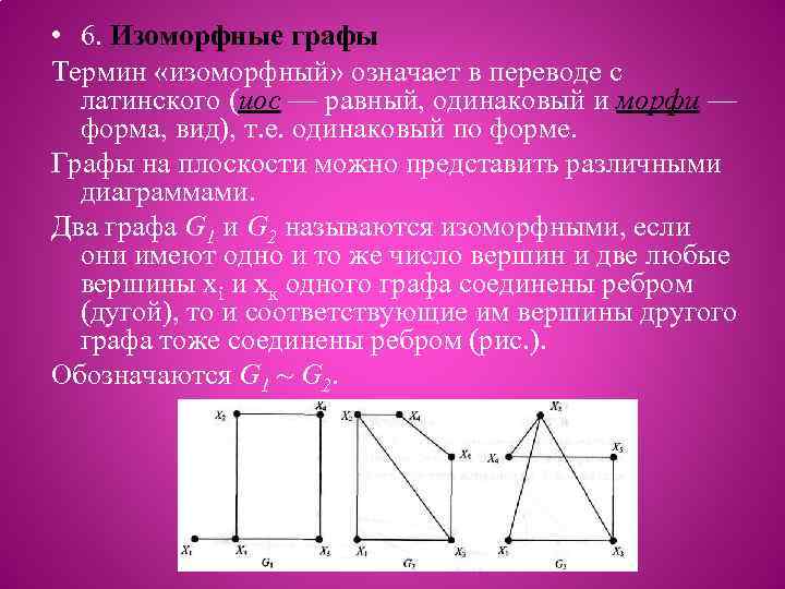  • 6. Изоморфные графы Термин «изоморфный» означает в переводе с латинского (иос —