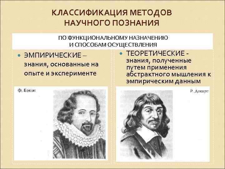 КЛАССИФИКАЦИЯ МЕТОДОВ НАУЧНОГО ПОЗНАНИЯ ПО ФУНКЦИОНАЛЬНОМУ НАЗНАЧЕНИЮ И СПОСОБАМ ОСУЩЕСТВЛЕНИЯ ЭМПИРИЧЕСКИЕ – знания, основанные