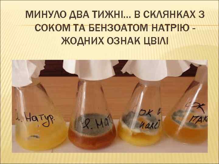 МИНУЛО ДВА ТИЖНІ. . . В СКЛЯНКАХ З СОКОМ ТА БЕНЗОАТОМ НАТРІЮ ЖОДНИХ ОЗНАК