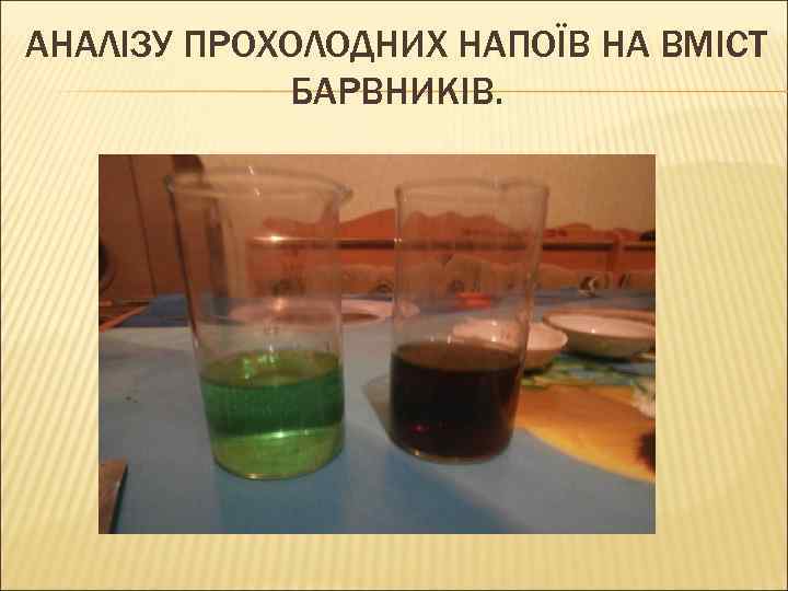 АНАЛІЗУ ПРОХОЛОДНИХ НАПОЇВ НА ВМІСТ БАРВНИКІВ. 