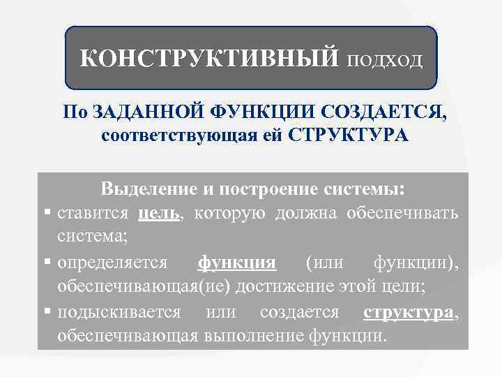 КОНСТРУКТИВНЫЙ подход По ЗАДАННОЙ ФУНКЦИИ СОЗДАЕТСЯ, соответствующая ей СТРУКТУРА Выделение и построение системы: §