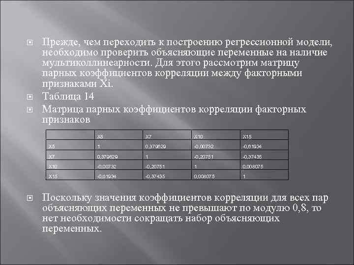  Прежде, чем переходить к построению регрессионной модели, необходимо проверить объясняющие переменные на наличие