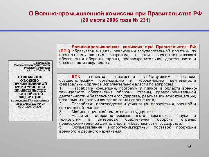 О Военно-промышленной комиссии при Правительстве РФ (20 марта 2006 года № 231) УТВЕРЖДЕНO Постановлением