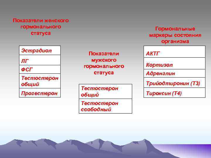 Показатели женского гормонального статуса Эстрадиол ЛГ ФСГ Тестостерон общий Прогестерон Гормональные маркеры состояния организма