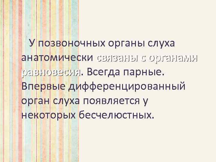 У позвоночных органы слуха анатомически связаны с органами равновесия. Всегда парные. равновесия Впервые дифференцированный