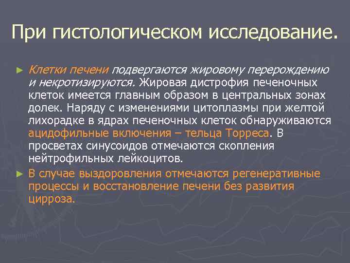 При гистологическом исследование. ► Клетки печени подвергаются жировому перерождению и некротизируются. Жировая дистрофия печеночных
