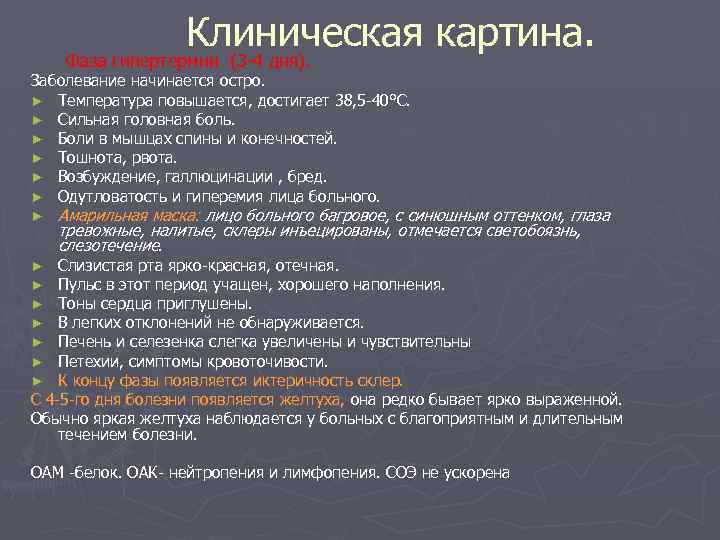  Клиническая картина. Фаза гипертермии (3 -4 дня). Заболевание начинается остро. ► Температура повышается,