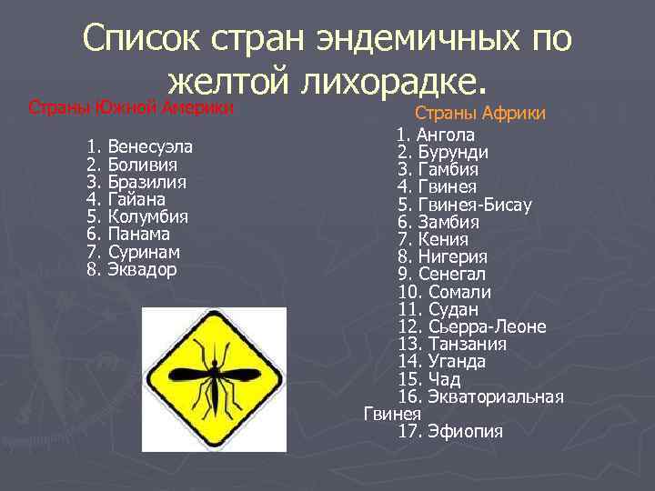 Список стран эндемичных по желтой лихорадке. Страны Южной Америки 1. Венесуэла 2. Боливия 3.