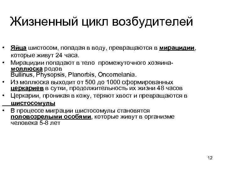 Жизненный цикл возбудителей • Яйца шистосом, попадая в воду, превращаются в мирацидии, которые живут