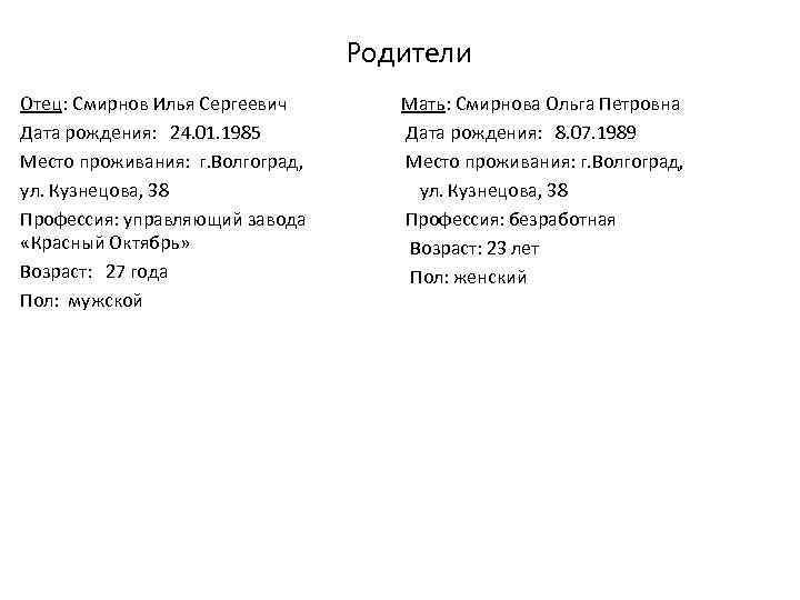 Родители Отец: Смирнов Илья Сергеевич Дата рождения: 24. 01. 1985 Место проживания: г. Волгоград,