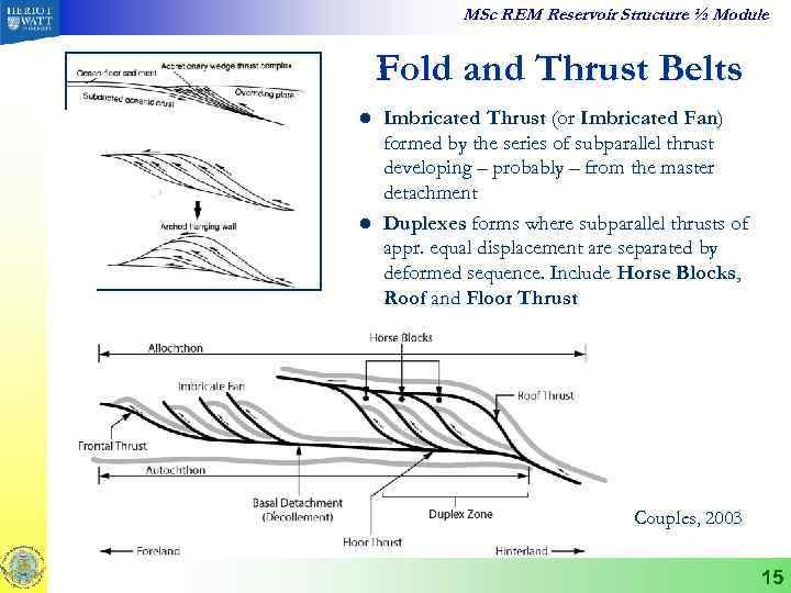 MSc REM Reservoir Structure ½ Module Fold and Thrust Belts l l Imbricated Thrust