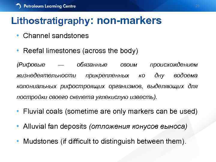 23 Lithostratigraphy: non-markers • Channel sandstones • Reefal limestones (across the body) (Рифовые —